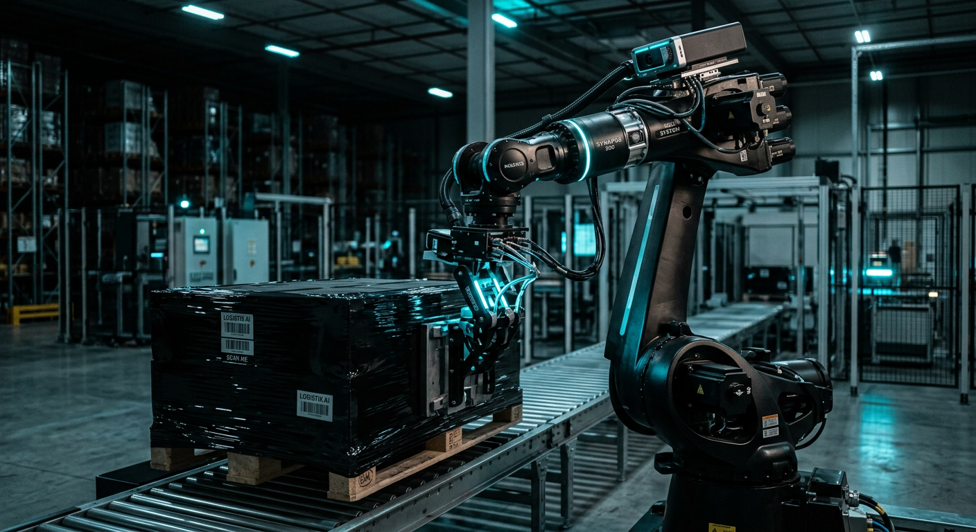 3D vision robotic arm handling black shrink-wrapped pallets in a dimly lit modern warehouse with cyan accent lighting