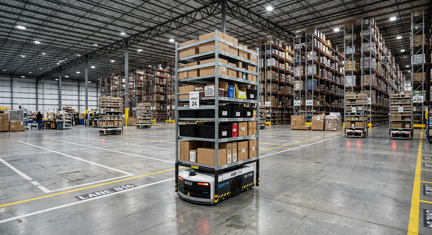 Autonomous mobile robots moving shelves in a large 3PL warehouse with cyan data visualization overlays